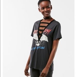 NWT Express Petite Velvet Trim Graphic Boyfriend T